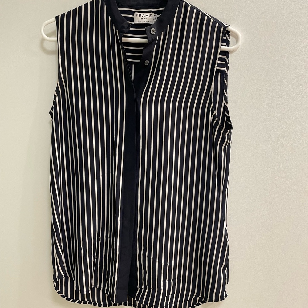 Frame denim 100% silk sleeveless top in Navy blue and white striped.